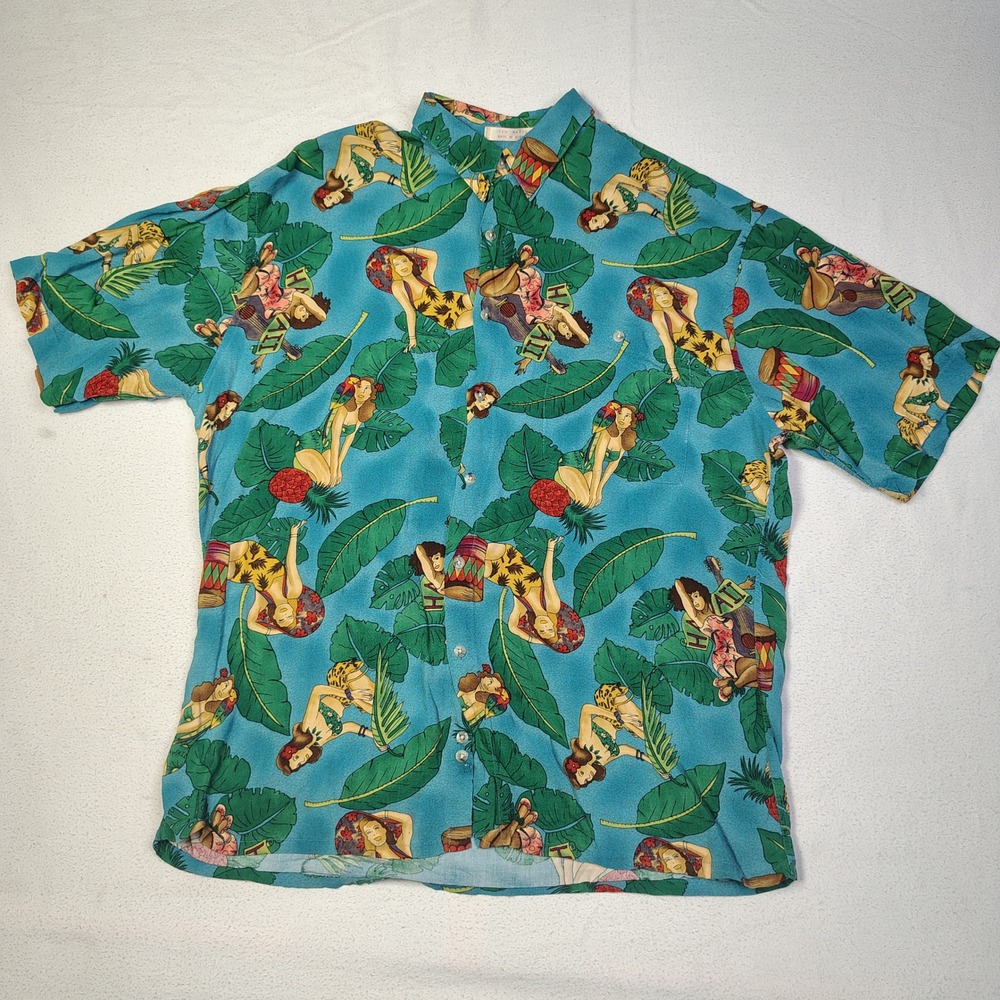 Campia Moda Mens Shirt L Blue Rayon Hawaiian Hula Girl Tropical Button Down